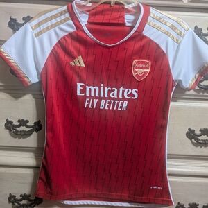 adidas Red and White Arsenal Kids' Soccer Jersey with Gold Accents